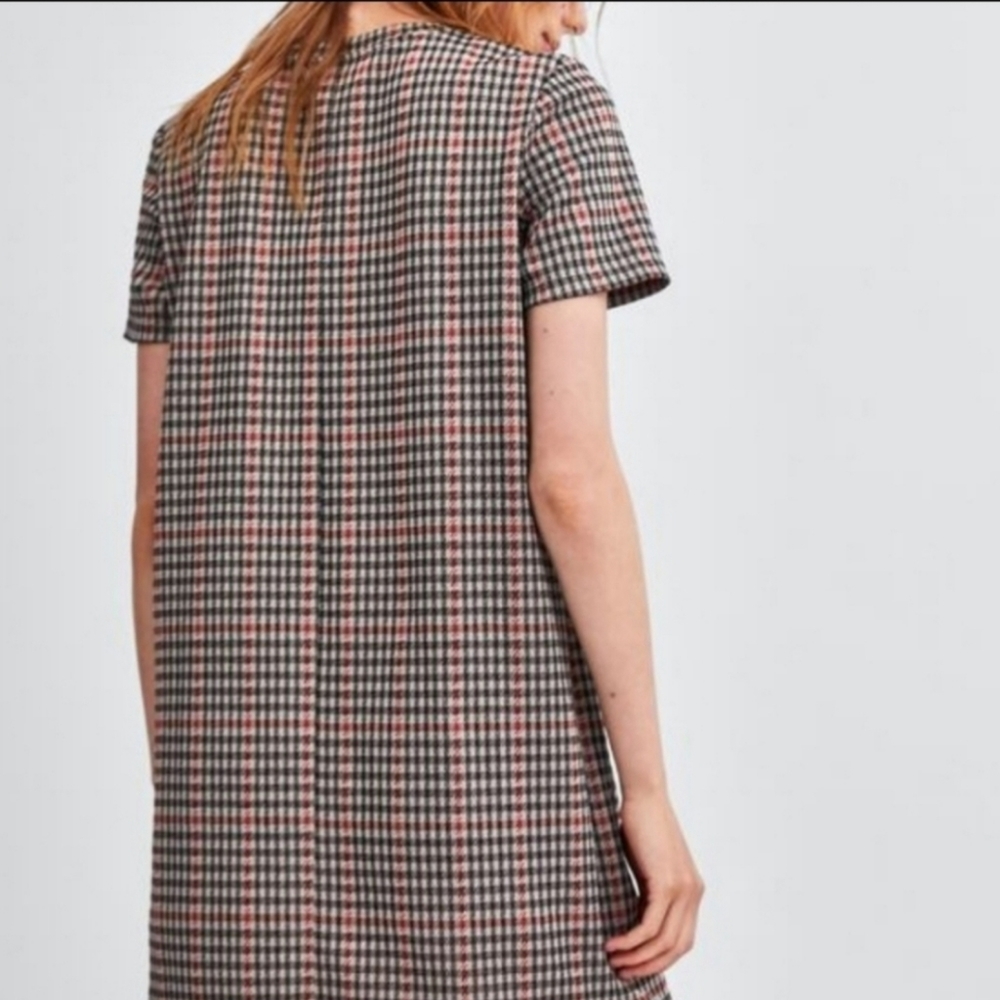 Zara Houndstooth Trafaluc Brown Black Red SHIFT Dress Size Small Polyester - Picture 4 of 16